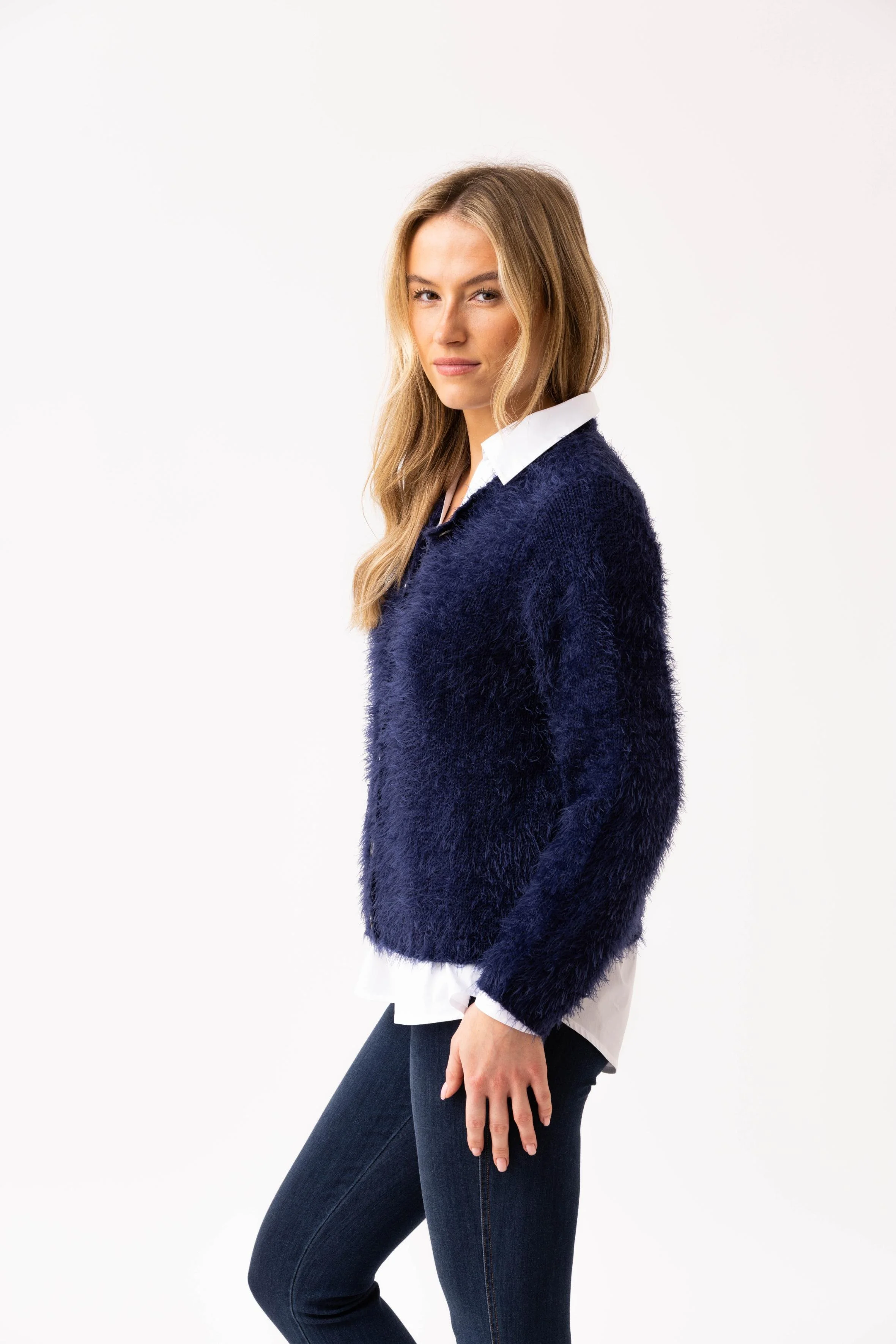 M me eme Feather knit cami cardigan Blue エムミーエメ Feather knit